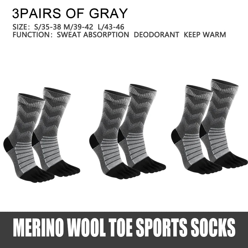 1/3 Pairs Merino Wool Socks for Men Thick Warm Hiking Running Cushion Crew Socks Merino Wool Sports Five Toe Socks