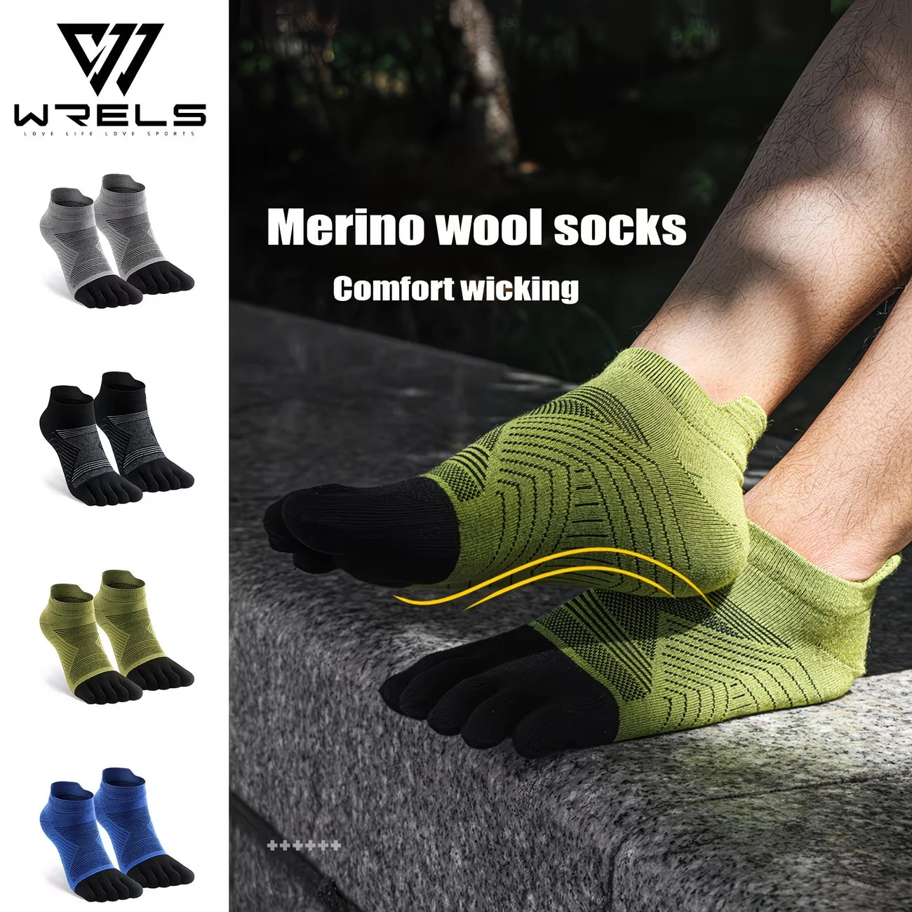 WRELS Merino Wool Outdoor Sports Five-Toe Socks Moisture-Wicking Elastic Running Socks Shock-Proof Breathable Trekking Toe Socks